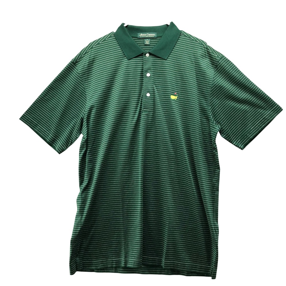 Vintage Amen Corner Masters Golf Polo Mens L Forest Green Striped Mercerized